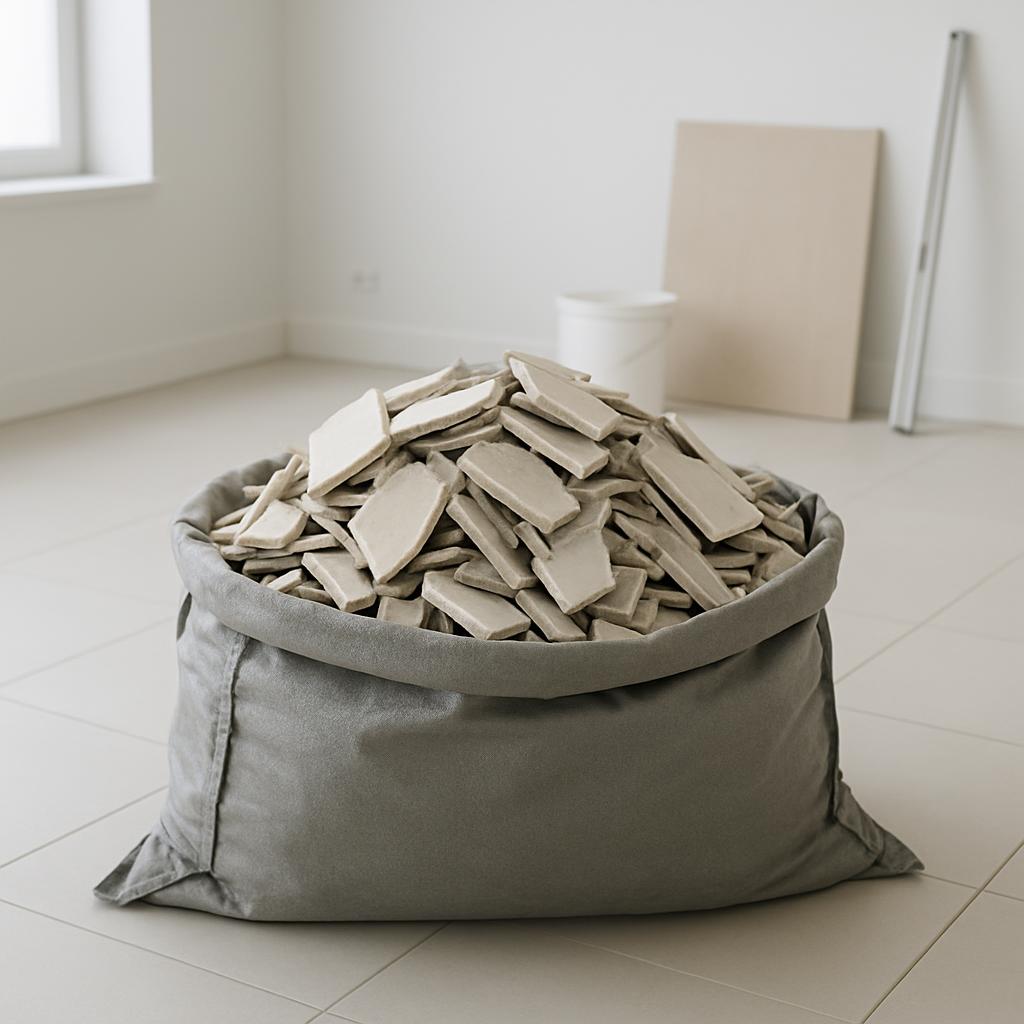 A large gray bag filled with broken white tiles sits on the floor of a room, surrounded by white walls and tiles. The spac...