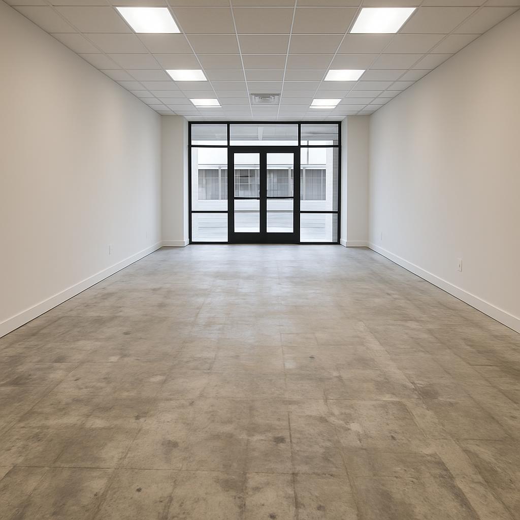 An empty room with gray-tiled floors, white walls, and a glass door at the end.