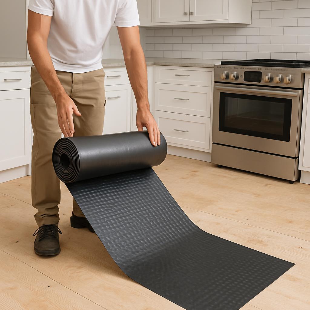 A man stands in a kitchen, holding a rolled-up black rubber mat with an embossed diamond cut to indicate the underside. Th...