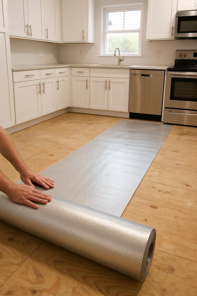 In a small kitchen, a man with his left arm exposed rolls out metallic wrap on the left side facing wooden floor tiles ext...